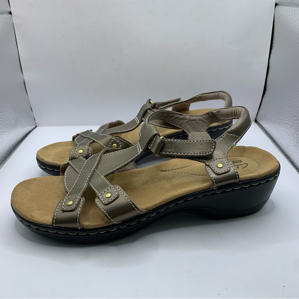 Clarks Metallic Taupe Cross-Strap Slingback Sandals - Picture 2 of 8